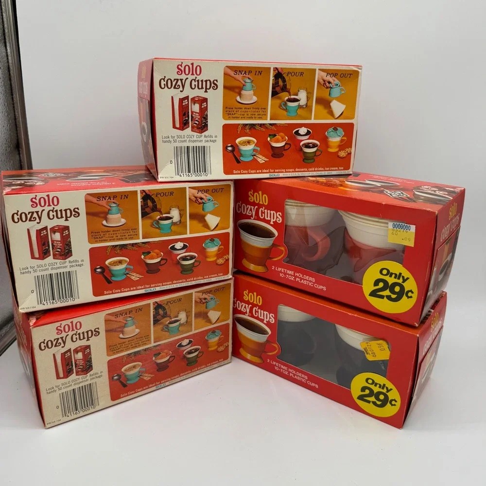 Vintage Solo Cozy Cups Lot of 5 Boxes New Old Stock 1970s MCM Red Black Plastic